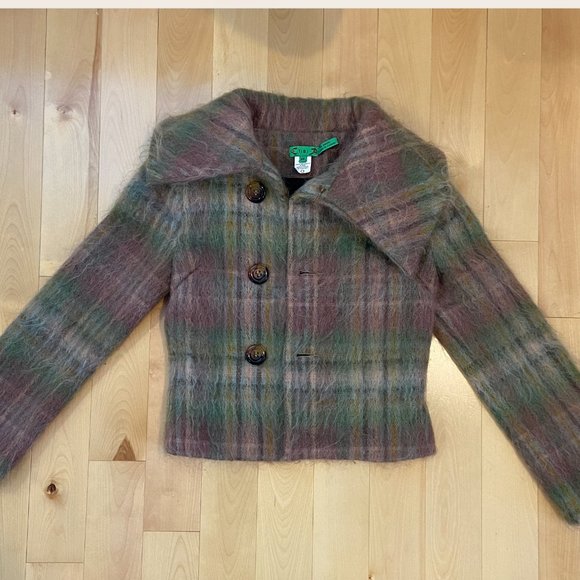 Tibi Plaid Fuzzy Mohair Cropped Pea Coat - Picture 1 of 5